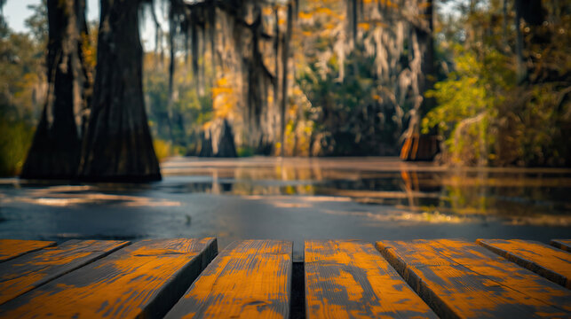 close up of rustic empty wooden table with blurred Louisiana swamp background