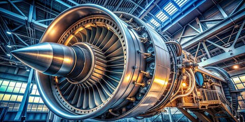 Obraz premium Close-up View of a Jet Engine in an Airplane Hangar