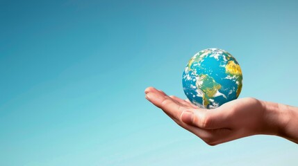 Open Hand Holding Small Earth Against Clear Blue Sky