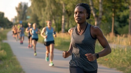 Group of Marathon Runners in Summer Park at Sunset