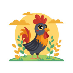 The funny cartoon rooster with sun in a vector