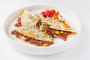 Mexican tacos with pulled pork, avocado, chili peppers