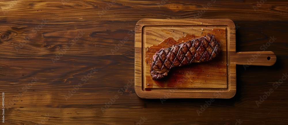 Aufkleber Top view of a wooden cutting board with a grilled beef steak featuring ample copy space in the image