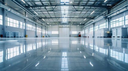 Fototapeta premium New shiny epoxy resin floor in a large, brightly lit room. Office, warehouse, production workshop after renovation.