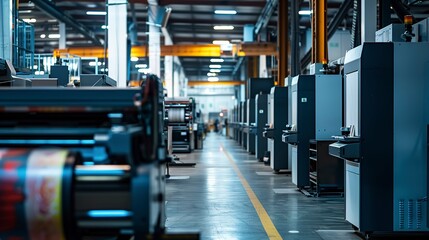 The production floor of a big digital printing company with large print machines printing packaging designs