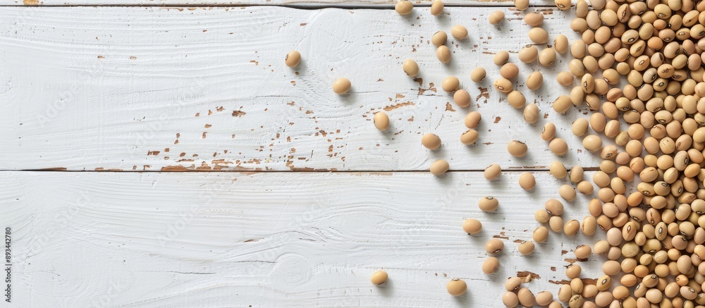 Poster Two rows of soybeans on a white wooden table with room for text in the image Soybeans are edible seeds from a leguminous plant native to Asia. with copy space image. Place for adding text or design