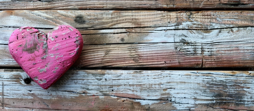 Poster heart shape in pink set against a rustic wooden background with copy space image