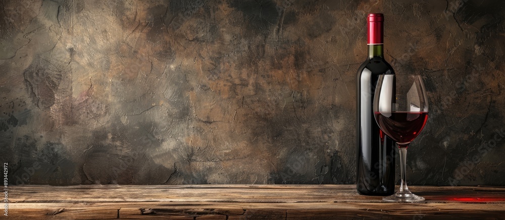 Poster red wine glass and bottle on a wooden table with copy space image available