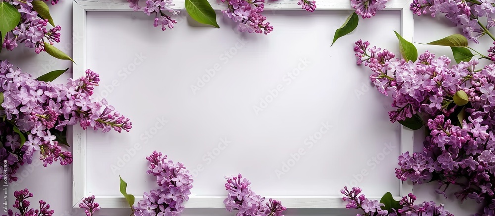 Poster top view of a white frame decorated with purple lilac flowers perfect for text placement copy space 