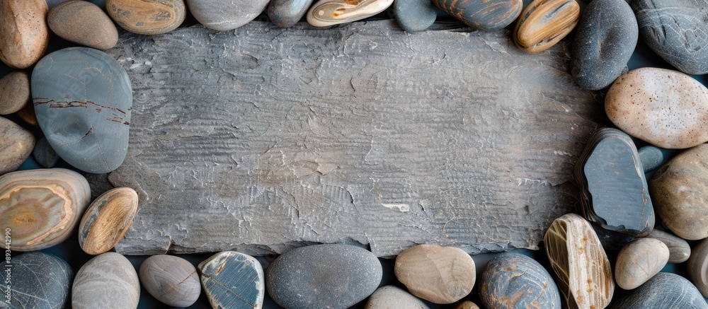 Aufkleber River stones arranged for decoration with a background frame and surface providing a blank area for images. with copy space image. Place for adding text or design