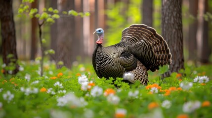 Fototapeta premium A wild turkey stands in a forest setting, surrounded by a field of white and orange wildflowers, with trees blurred in the background