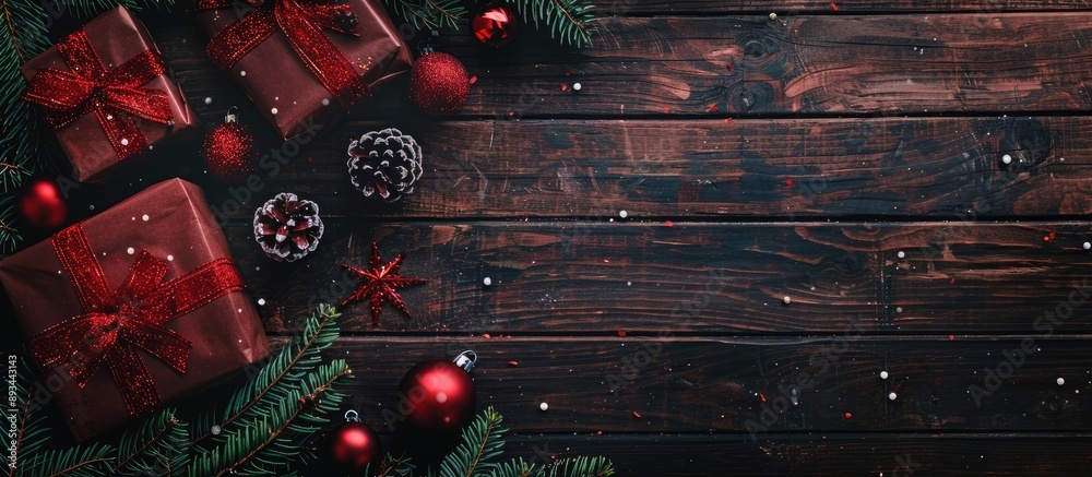 Poster Top view Christmas background on a wooden table with copy space image for your designs showcasing a holiday concept in a toned setting