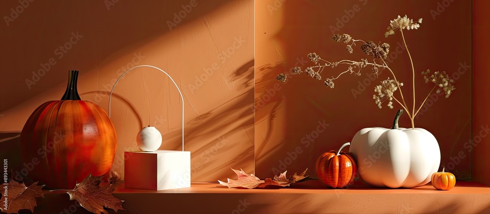 Aufkleber product showcased in an autumn themed display featuring white geometric shapes alongside a pumpkin a