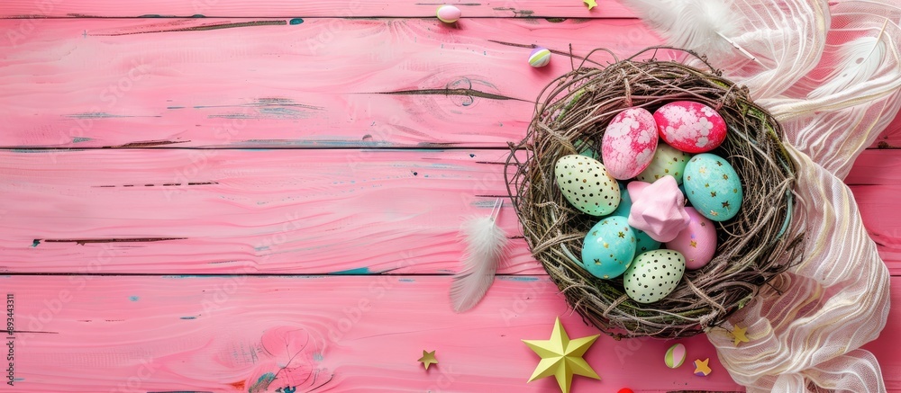 Poster a festive easter scene with a nest filled with colorful eggs a paper star and a feather on white fab