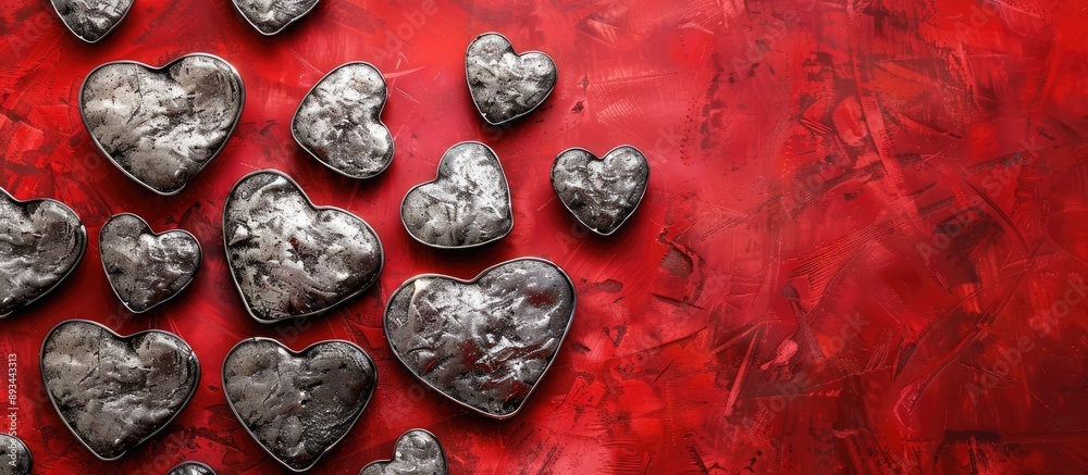Aufkleber silver hearts emerging against a vibrant red textured backdrop with plentiful copy space image avail