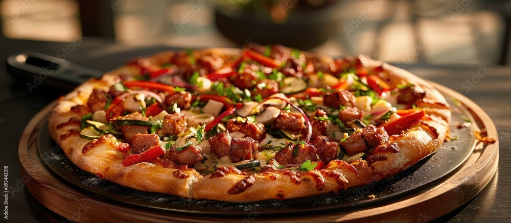 Aufkleber chef s special pizza featuring a delectable combination of meat and vegetables embodying a unique di