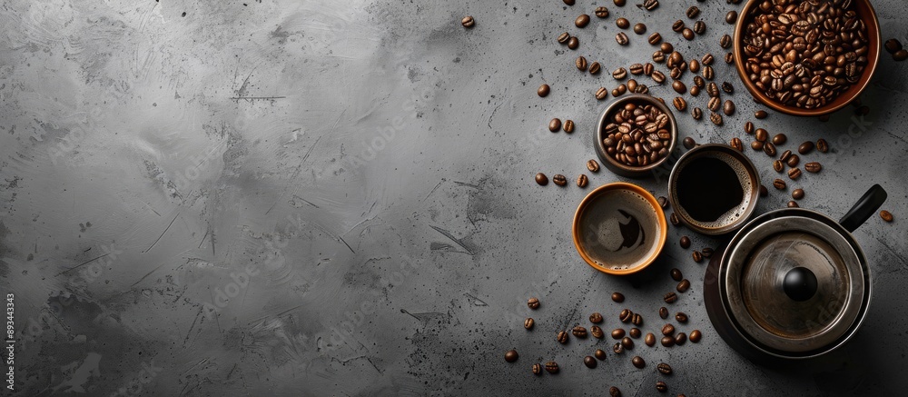 Poster Coffee brewing pot and beans on concrete background with ample copy space image