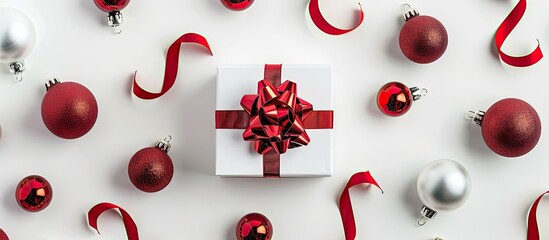 A white gift box with a red ribbon bow and Christmas ornaments surrounding it set against a white background with copy space image