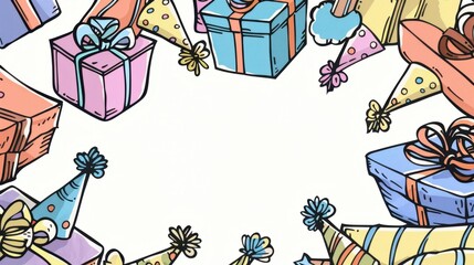 Colorful Birthday Celebration Background with Gifts and Party Hats