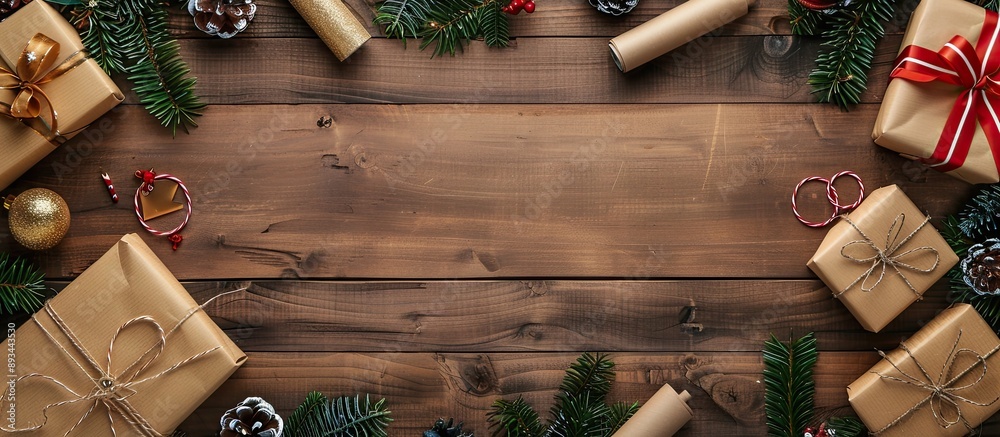 Poster top view of gift boxes rolls of paper and decorations on a wooden background with copy space image