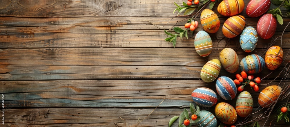 Leinwandbilder wooden background with easter eggs creating a festive look with ample copy space image