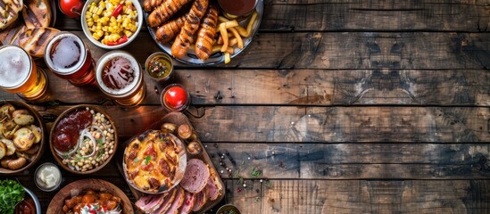 Capture the essence of Munich s Oktoberfest on a rustic wooden table flyer background with traditional Bavarian foods a variety of beers and space for additional imagery