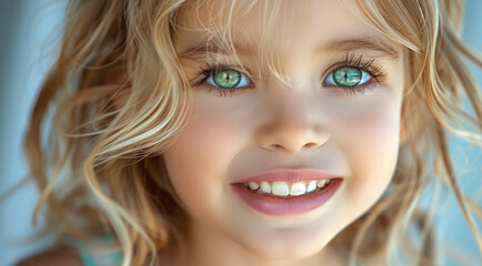 Beautiful face of a young smiling happy little girl with natural green eyes, blonde hair and healthy teeth, innocence and wonder. Generative AI.