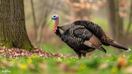 Obraz premium A wild turkey stands in a forest setting, surrounded by a field of white and orange wildflowers, with trees blurred in the background