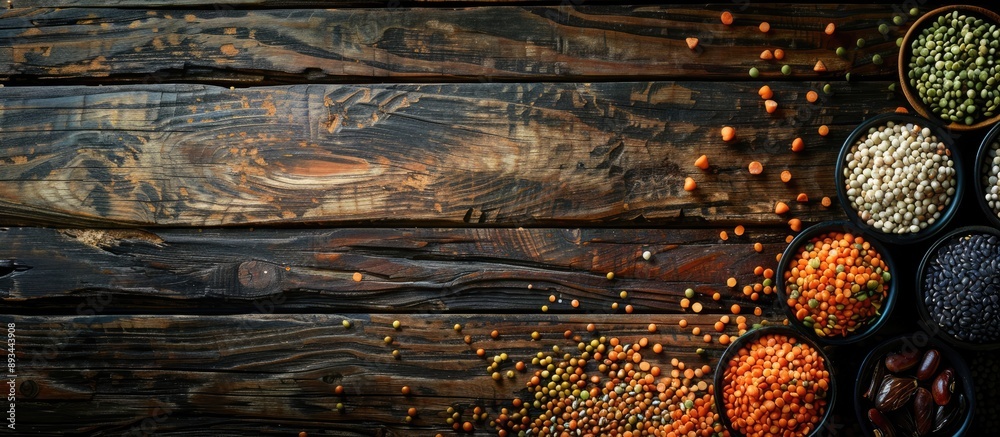 Poster Assortment of various dry legumes in different shapes colors and flavors displayed on a rustic wooden backdrop with copy space image