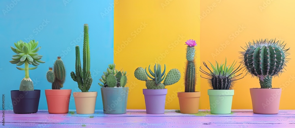 Poster Various potted cacti displayed on a table with a colorful backdrop offering a copy space image for interior decoration
