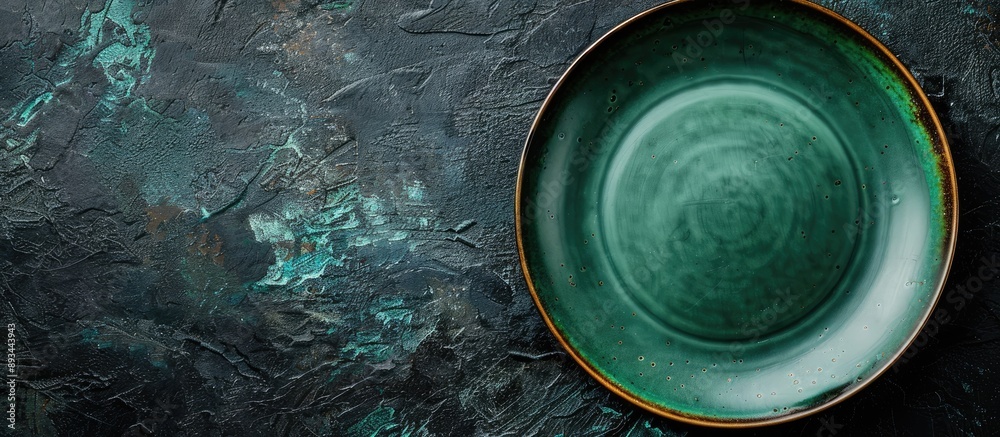 Fototapete top view of an empty classic green plate on a dark rough table surface with ample copy space for men