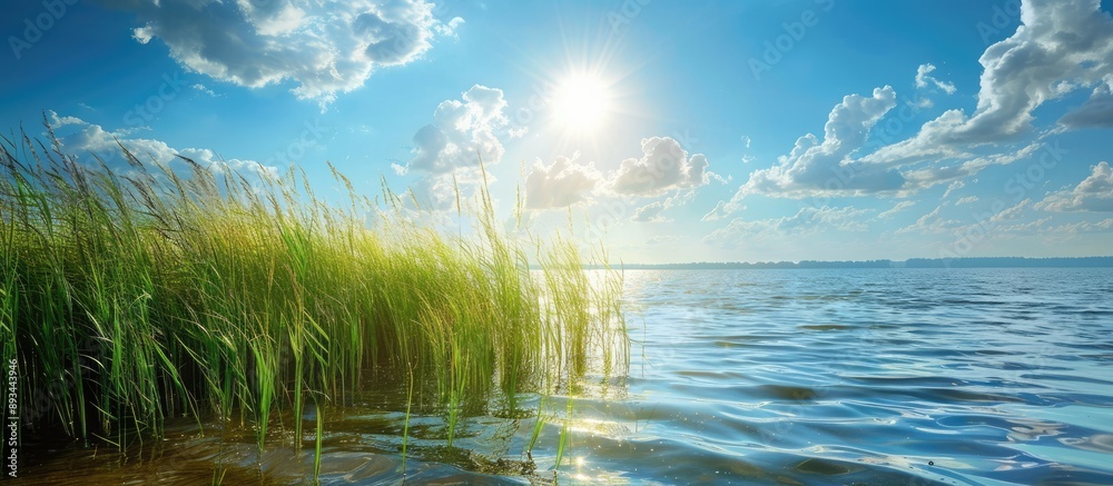Poster scenic view of reeds by serene ocean under blue sky with clouds perfect as a copy space image
