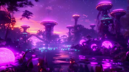 Futuristic Cityscape with Glowing Towers and Bioluminescent Flora - Powered by Adobe