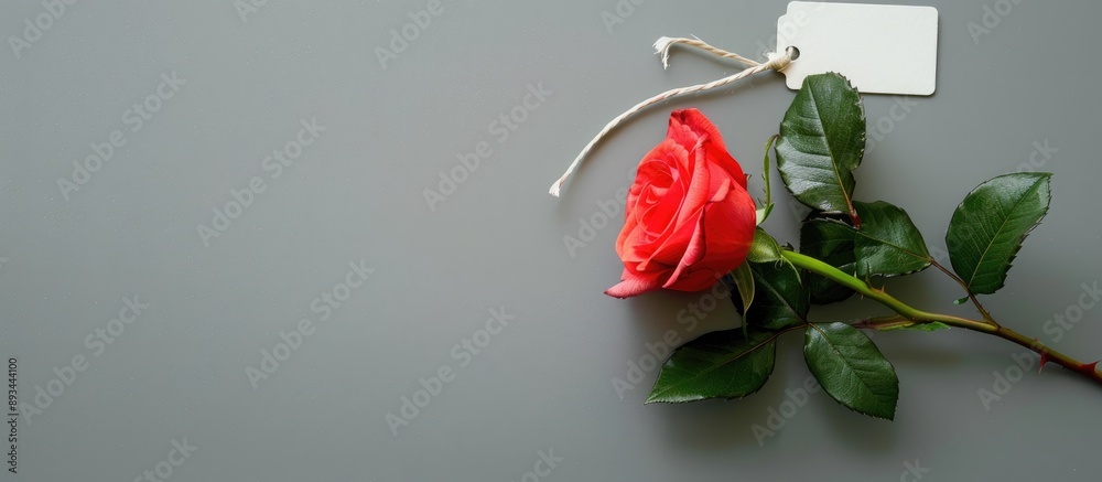 Poster Rose with a tag on a blank backdrop for text as a copy space image