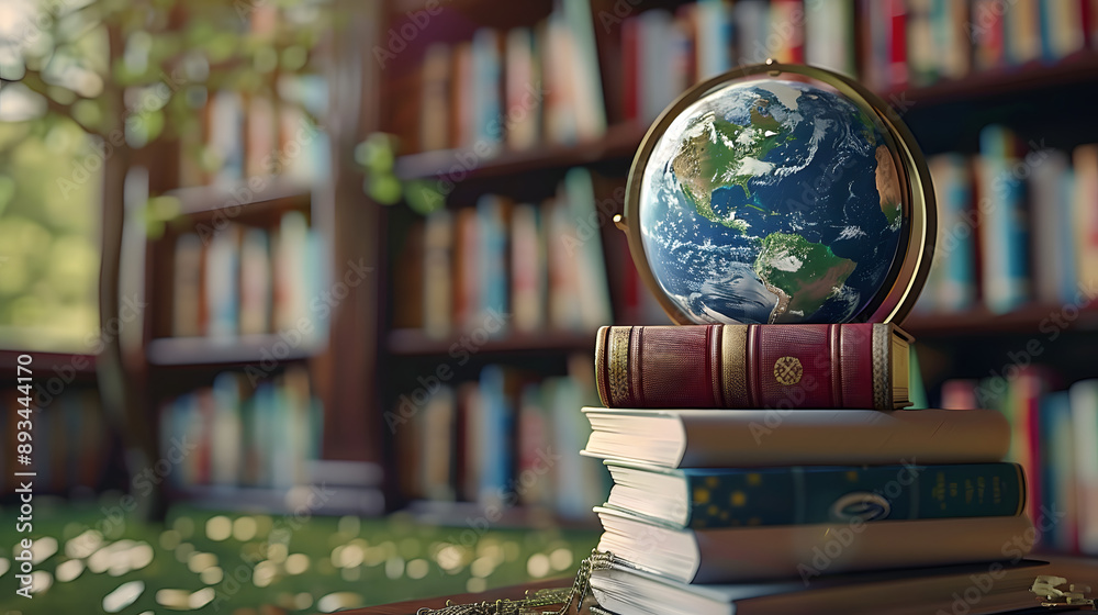 Sticker Environment education knowledge concept with earth globe and books of knowledge.