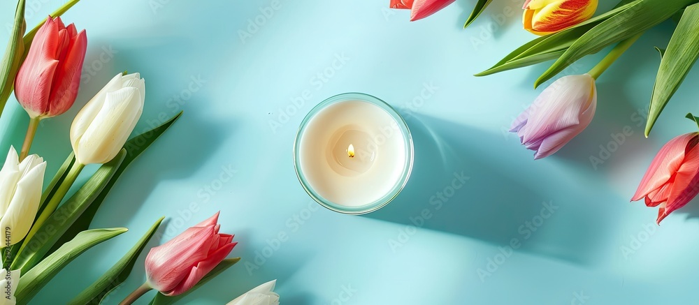 Aufkleber a serene setting with vibrant tulips a candle and a pale blue backdrop allows room for text in this 
