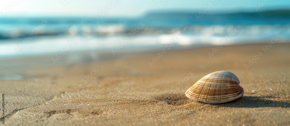 Poster solitary clam shell on the sandy beach by the seashore with a vast copy space image
