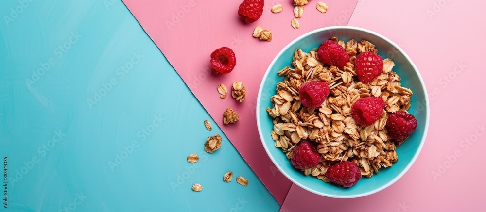 Poster Flat lay showcasing a delicious granola with raspberries on a colorful pink and turquoise backdrop emphasizing a healthy breakfast idea with copy space image