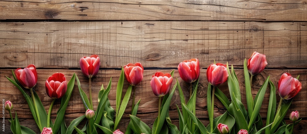 Poster tulips arranged on an antique wooden backdrop creating a charming scene with copy space image