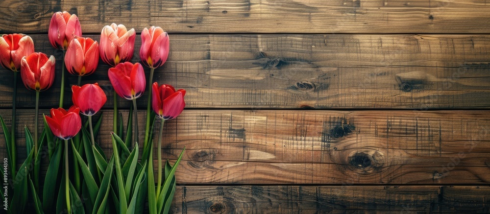 Poster Tulips arranged on an antique wooden backdrop creating a charming scene with copy space image