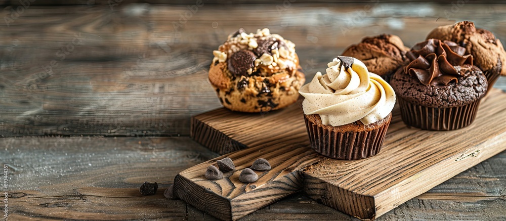 Poster displaying chocolate cookies a cupcake and raisin bread on a wooden board with copy space image