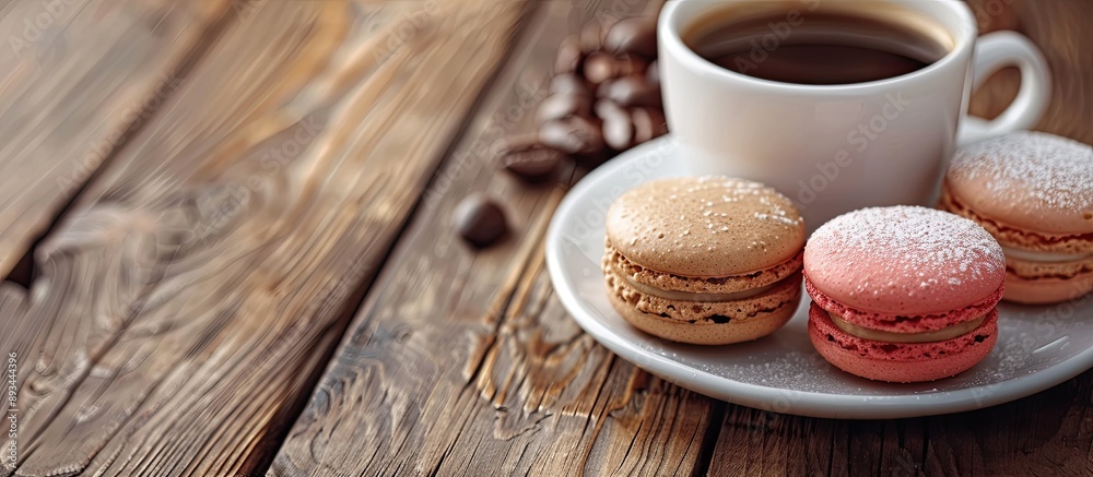 Poster Breakfast featuring macaroons and coffee with a selective focus on a copy space image