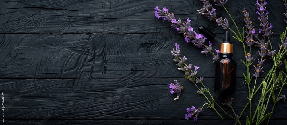 Poster A lavender scented product sample is displayed with a dropper next to flowers on a black wooden table with a blank space for an image