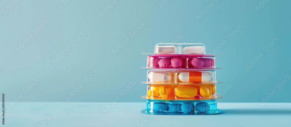 Poster colorful stacked blisters with capsules shown in a picture with available copy space