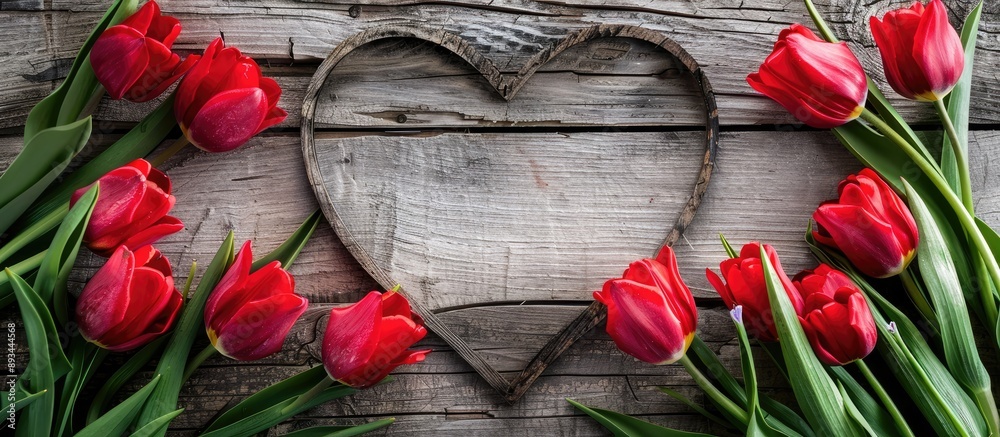 Poster a heart shaped cutout frames red tulips arranged on a vintage wooden table creating a charming scene