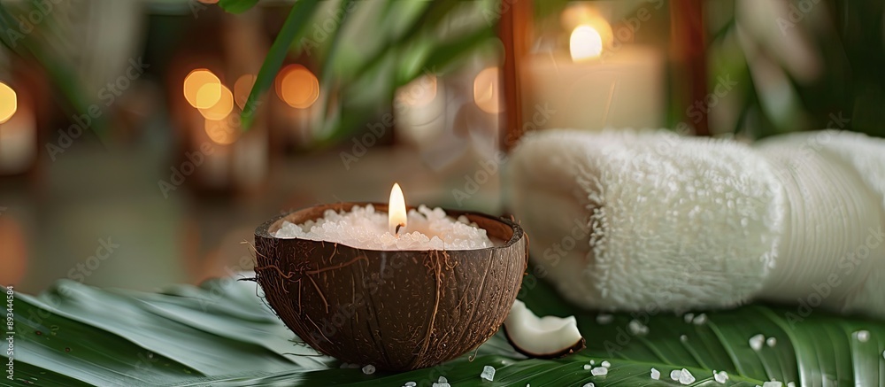 Poster a coconut candle on a green leaf provides a tranquil setting complemented by scented sea salt and a 