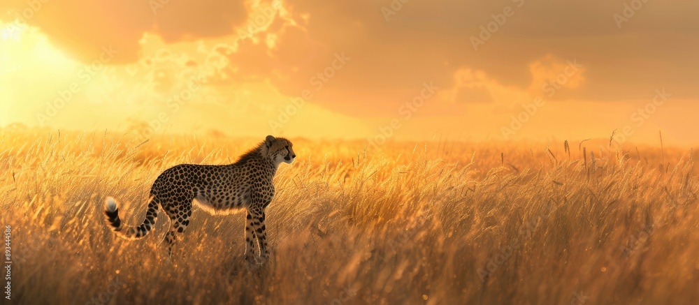 Poster a cheetah in the savannah at sunset scanning for prey in the image with copy space
