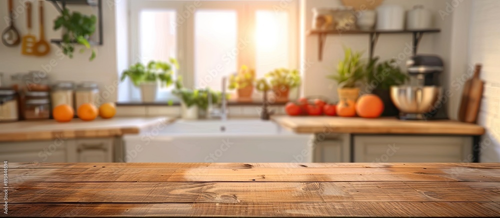 Leinwandbilder blurry kitchen setting with a tabletop creating a copy space image
