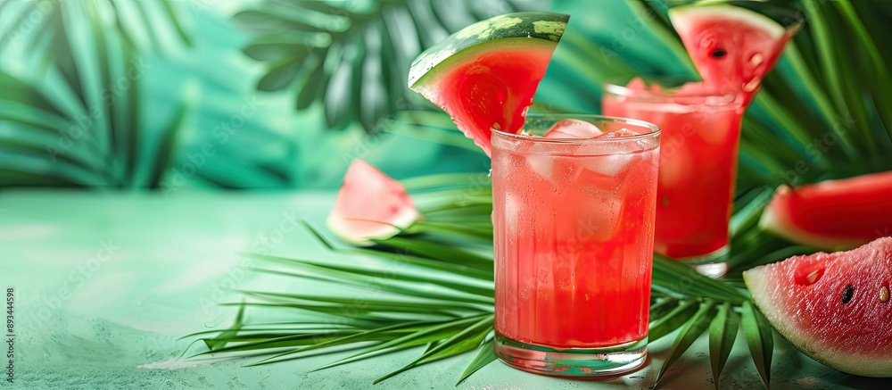 Poster Watermelon cocktail on a stylish Savannah green backdrop with palm leaves perfect for summer with space for text or images. with copy space image. Place for adding text or design