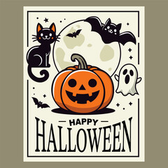 Happy Halloween Illustration with Pumpkin, Cat, Bat, and Ghost